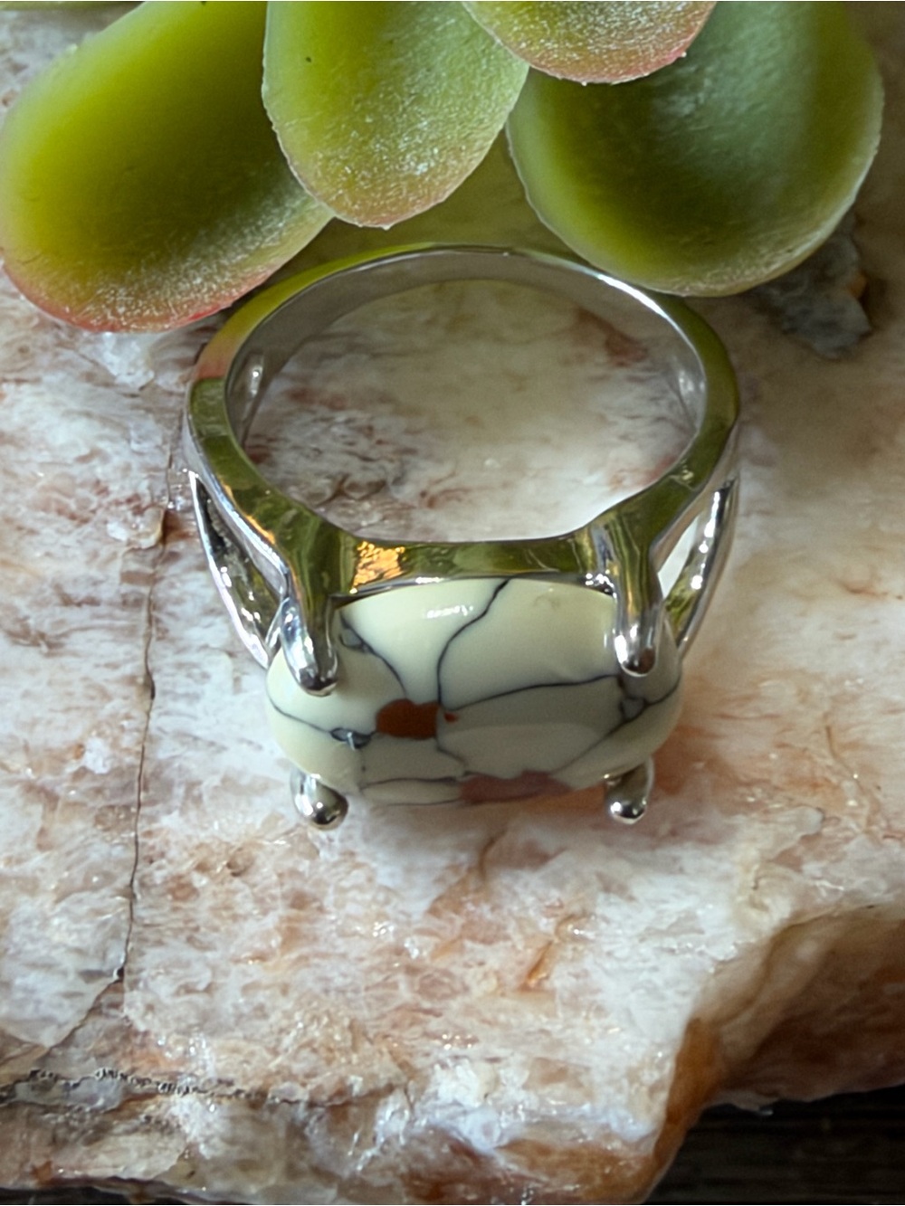 Cream Marbled Stone Statement Ring size 7